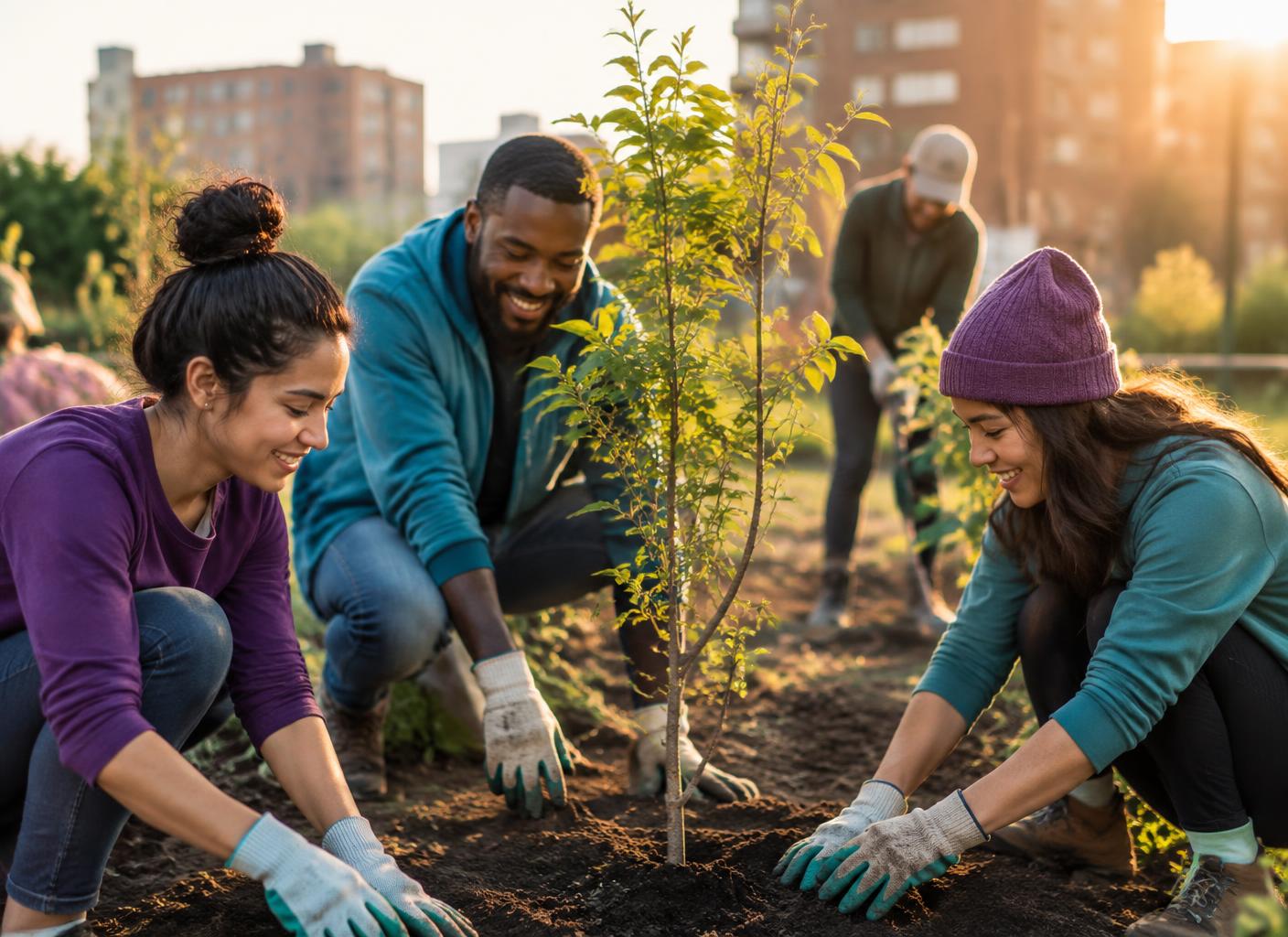 Community volunteers planting a young tree together in a city garden